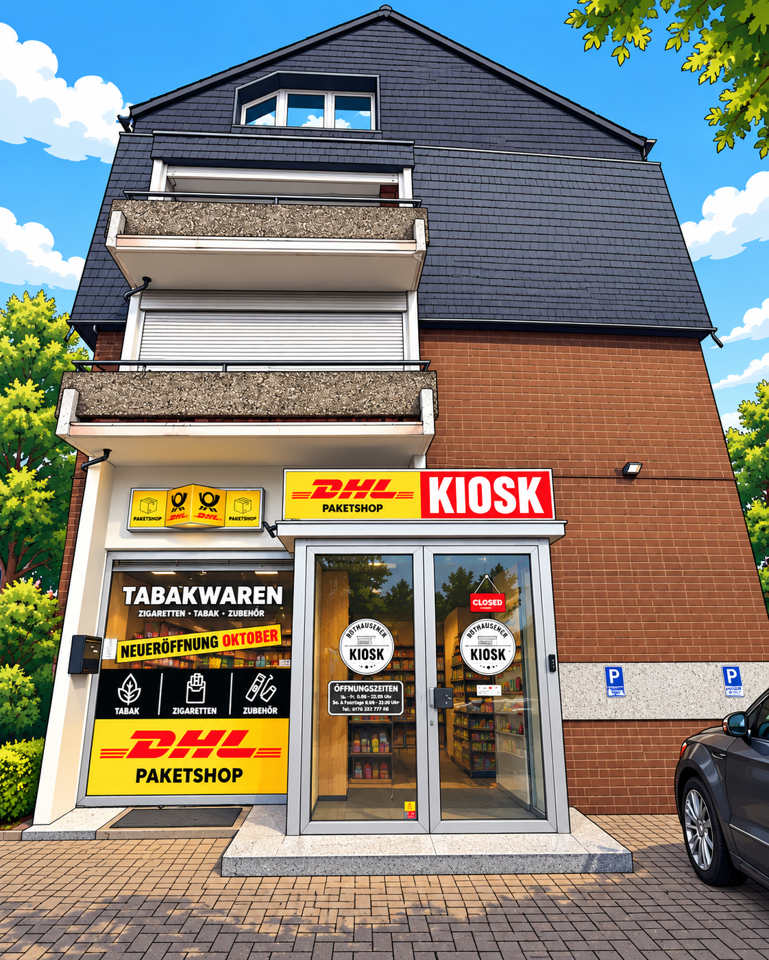 Cartoon-Illustration der Fassade des Noithausener Kiosks mit Backstein, Balkonen und DHL/KIOSK-Schild