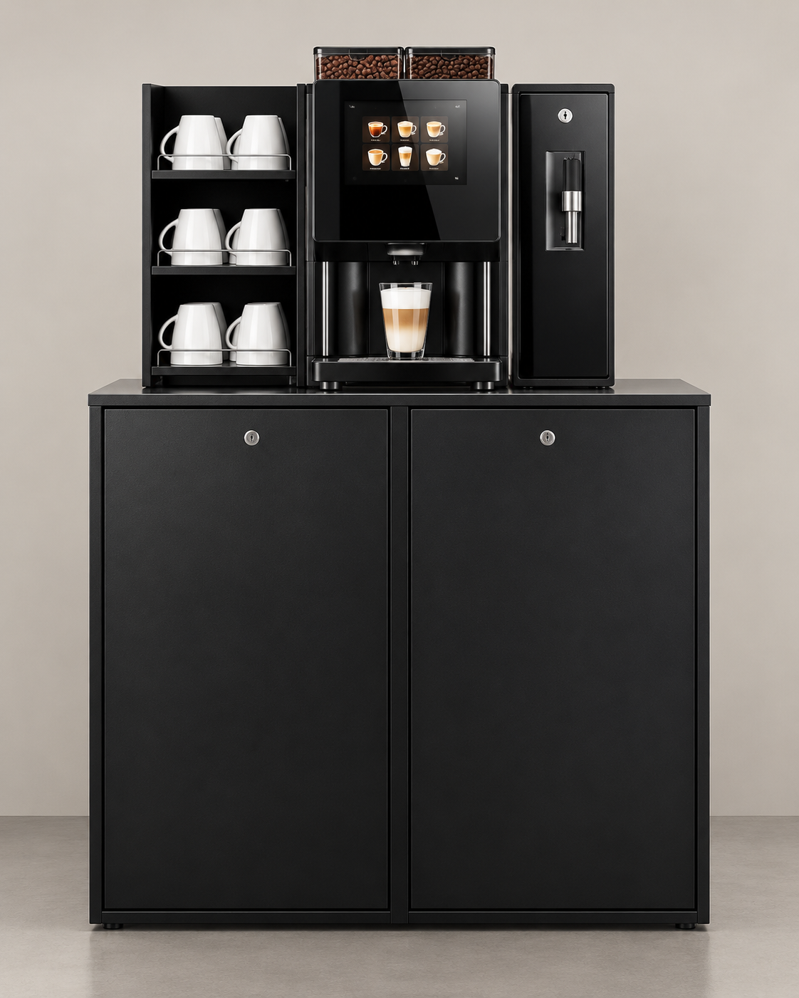 Schwarze Kaffeestation mit Kaffeevollautomat, Tassenregal und Unterschrank